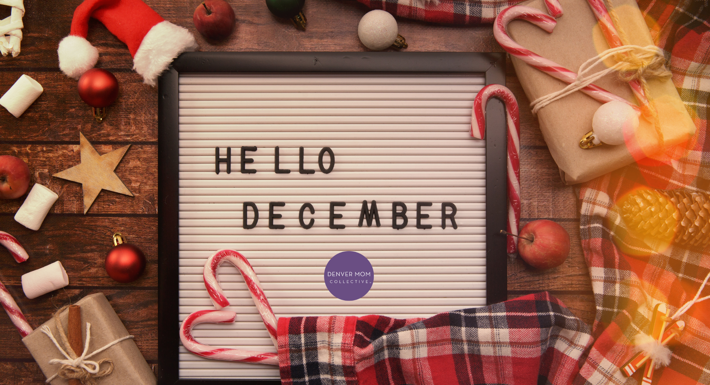 sign that says Hello December with plaid, candy canes and stars around the border.