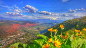 Scenic mountain view overlooking Glenwood Springs, Colorado, with the valley, Colorado River, surrounding mountains, and wildflowers in the foreground.